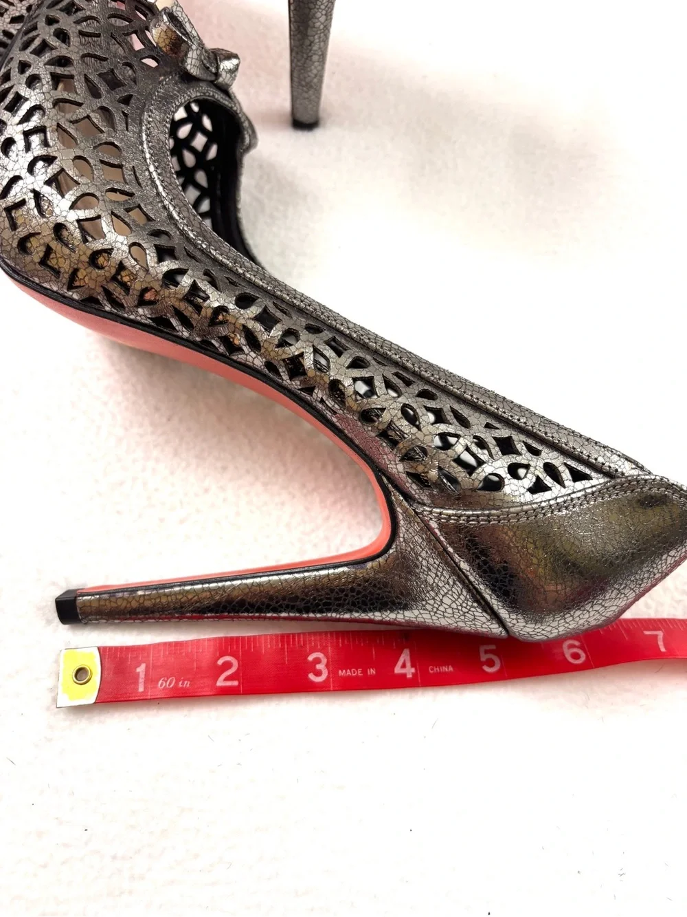 LUCHO Metallic Pewter Laser Cut Peep Toe w/Bow Red Bottom Platform Pumps (9)